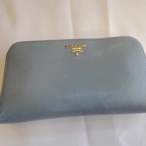PRADA Logo Pale Blue Saffiano Leather Zip Around Long Wallet